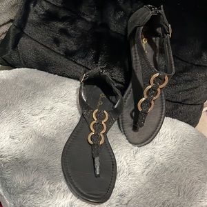 Queen Chateau 8 1/2 Black Sandals with Zip Back Heel and Gold Tone Hardware